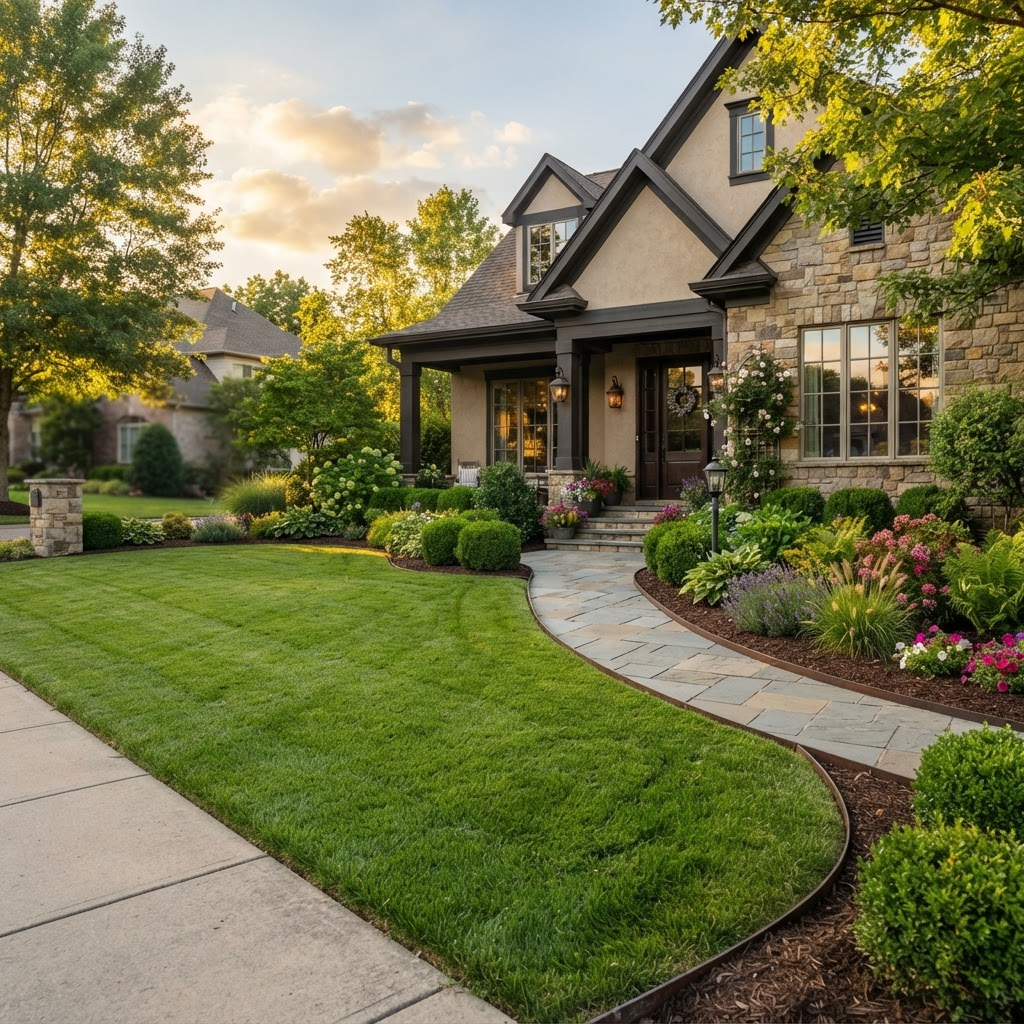 Beautifully landscaped residential yard with fresh mulch and manicured lawn